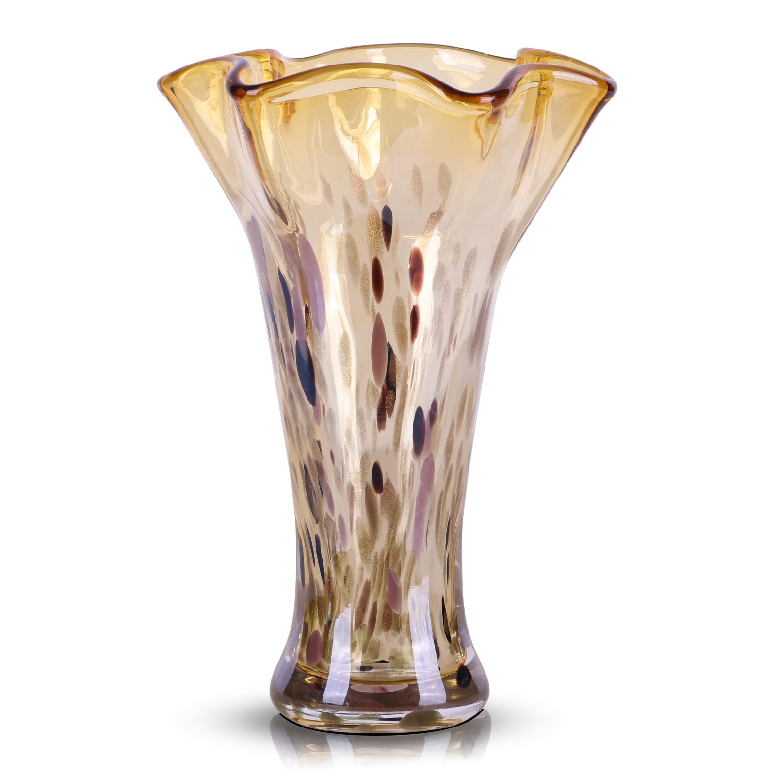 Photo 1 of 9.0"H Amber Glass Vases for Flowers, Unique Hand Blown Glass Vase Amber Gold Home Decor, Wide Mouth Colorful Flower Vase Centerpieces, For Living Room Table Bookshelf, Bathroom Office Shelf Decorative