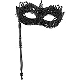 INOOMP New Masquerade Mask for Women with Stick Shiny Women's Mardi Gras Mask for Halloween Parties and Costume Events
