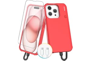GIN FOXI Fast Charging Battery Case for iPhone 15 Pro Max/15 Plus, 8000mAh 15W Ultra Slim Charger Case Rechargeable Portable Extended Power Bank Case Cover Battery Pack Built-in Cable, Red(6.7”)