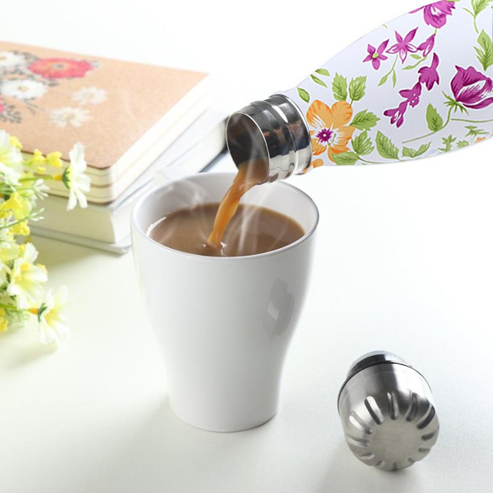 Double Walled Stainless Steel Vacuum Water Bottle, Y Chen Portable Travel Sports Leak-Proof No Sweat Cola Shape Bottle Keep You Drink Cold & Hot,17oz(500ml)Purple Flower