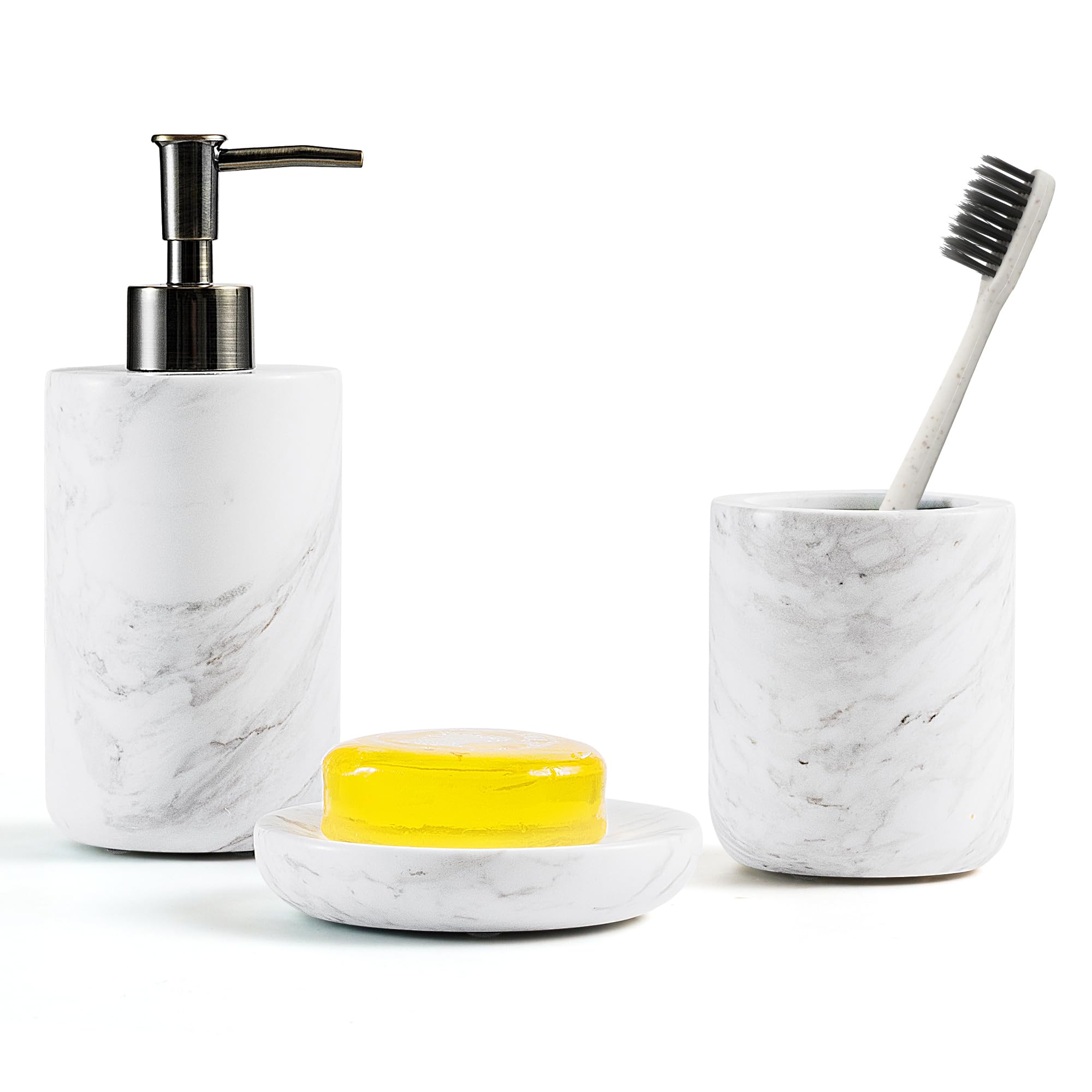 WORHE Bathroom Accessories Set made of Italian Natural Marble, 3-Piece Bath Accessories with Toothbrush Cup, Soap Dispenser, and Soap Dish for Home, Apartment, Dormitory, Bathroom Décor White WH054