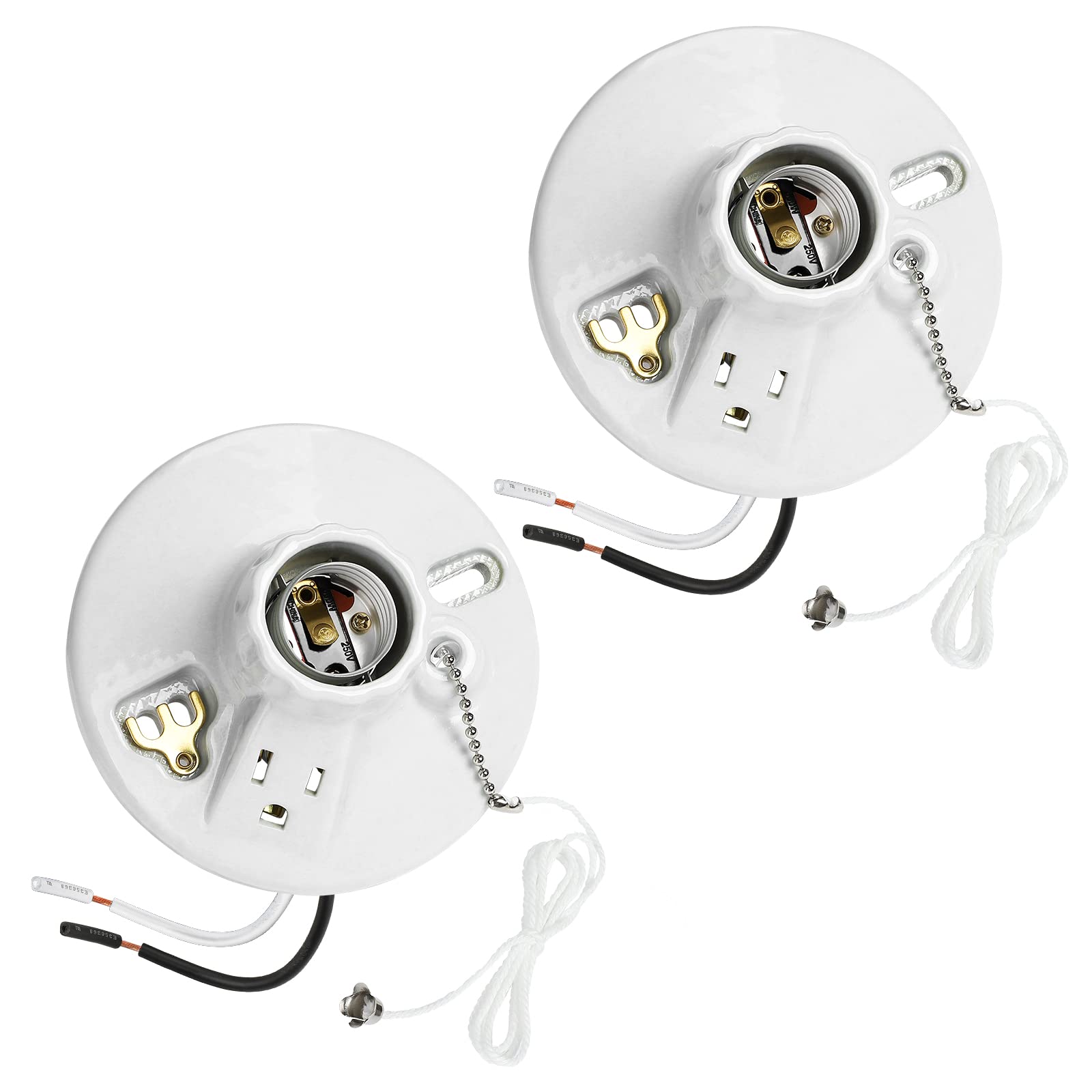 Photo 1 of DEWENWILS Light Socket with Grounded Outlet, Porcelain Pull Chain Light Fixture, E26/E27 Base, 2 Pack, UL Listed
