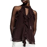 RoseSeek Women's Ruffle Mesh Halter Tops Cut Out Sleeveless Tie Back Tank Top Going Out Outfit