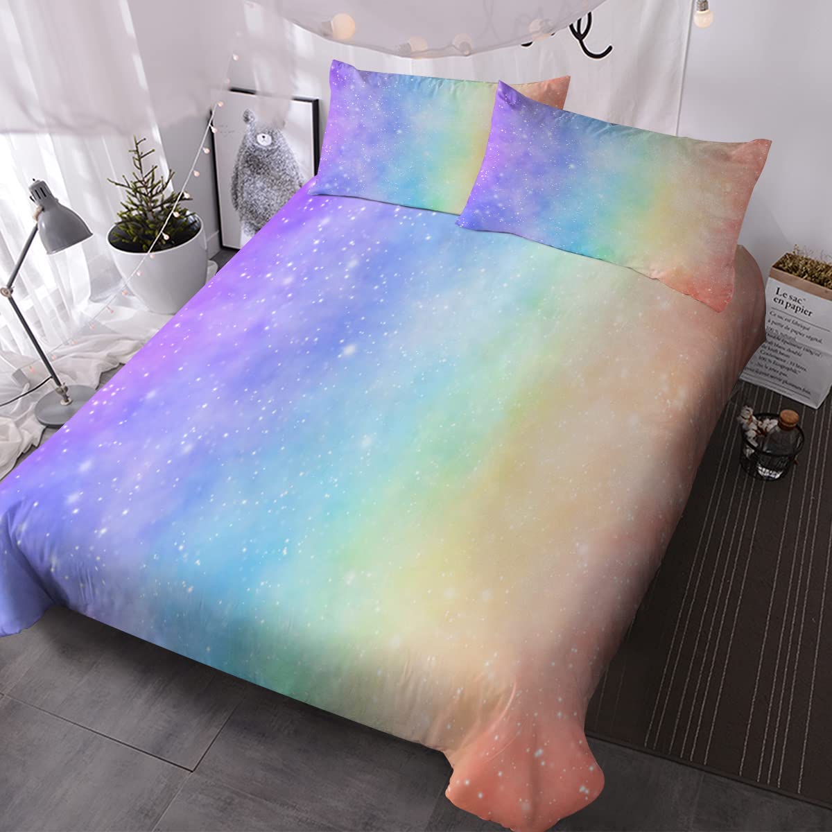 BlessLiving Glitter Bedding Set Single Size for Girls Boys Ombre Duvet Cover Purple Blue Orange Bed Set 3 Piece Watercolor Pastel Bedspreads Single Size