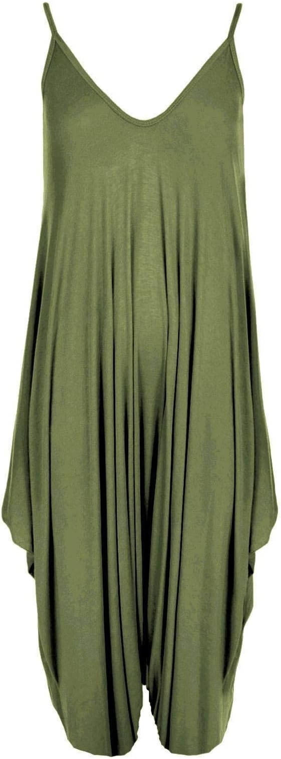 Ladies Womens Lagenlook Strappy Baggy Harem Jumpsuit Play-suit Dress (one size(8-26), KHAKI)