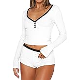 Ezbelle Lounge Set Women's V Neck Pajama Button Shirt Matching Two Piece Knit Long Sleeve Pjs Short Summer Outfits