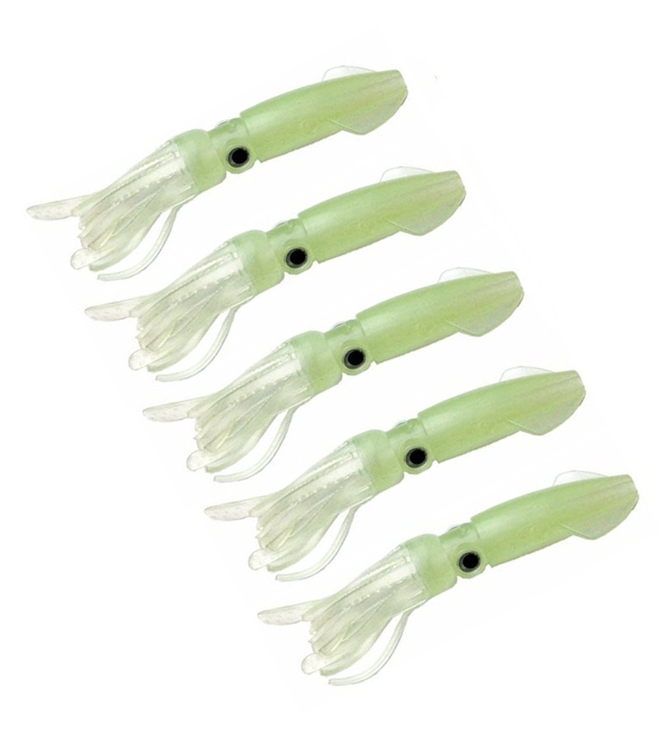 Soft Luminous Octopus Trolling Saltwater Bait Squid Skirt Fishing Lures Glow in Dark,4.13inch,(5pcs)