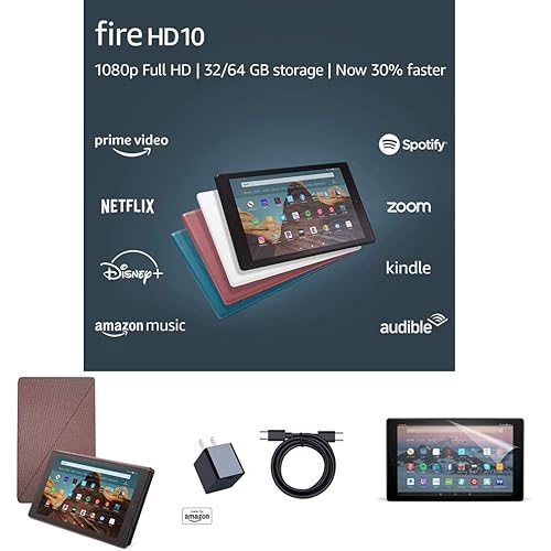 Fire HD 10 Tablet (32 GB, Plum, Ad-Supported) + Amazon Standing Case (Plum) + Nupro Anti-Glare Screen Protector (2-pack) + 15W USB-C Charger