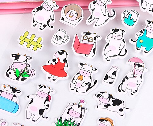 4 Sheets Cute Lovely Puffy DIY Decorative Adhesive Sticker Tape / Kids Craft Scrapbooking Sticker Set for Diary, Album (Cow)