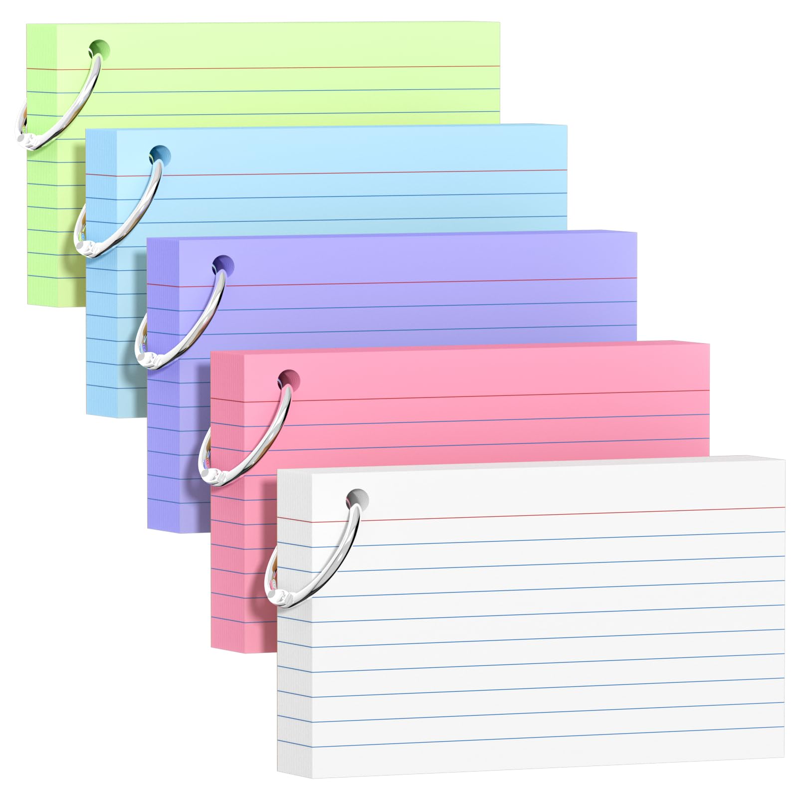 250 Count Colored Index Cards 3x5 Inch with Key Ring, 180gsm Heavy Weight Flash Cards 5 Color (50 Sheets Each), Portable Note Taking for Students, Teachers, Study Note Cards for Office Home School