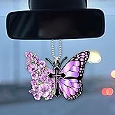 Tuxihapp Butterfly Car Rear View Mirror Charm, 2D Flat Acrylic Car Hanging Ornament, Cute Cross Auto Mirror Pendant Present, Universal Vehicle Interior Decoration Accessories for Women/Men (Purple)