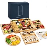 Bamboo Charcuterie Board Set with Cutlery – Expandable Cheese Serving Platter with Ceramic Bowls & Slate Trays