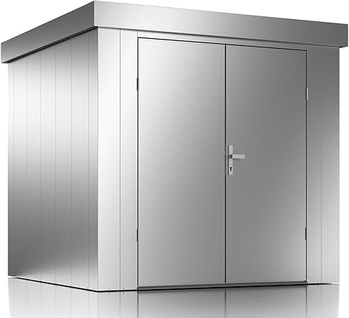 Ilesto Geratehaus John Aus Stahl 226x226x213cm Gartenhaus Metall Modern Mit Flachdach Gerateschuppen Fur Den Garten Optional Mit Zubehor Gartenhutte Zweiflugeltur Silber Metallic Amazon De Garten