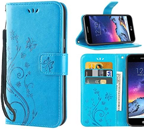 LG Aristo Case,LG Phoenix 3 Case,LG LV3 Case,Premiun Wallet Leather Credit Card Holder Butterfly Flower Pattern Flip Folio Stand Case for LG K8 2017 With a Wrist Strap - Blue