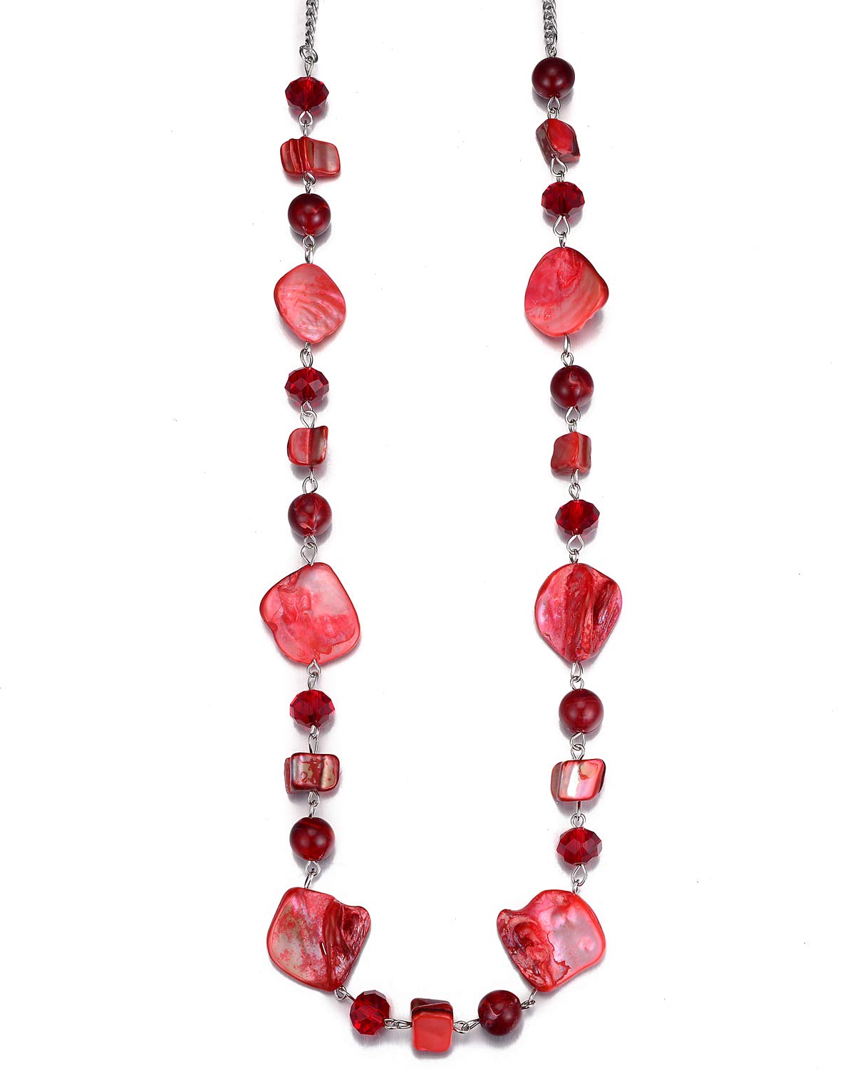 BULINLIN Long Beaded Silver Necklace for Her Crystal Bead Sweater Chain Fashion Jewelry Necklace Birthday Gifts for Women Mum(35-Red)