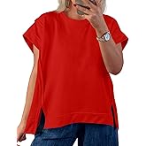 Tankaneo Womens Oversized Short Cap Sleeve T-Shirts Crew Neck Side Slit Tops Summer Casual Loose Fit Tees Tunic Shirts