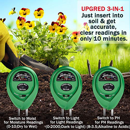 Soil PH Meter 3-in-1 Soil Test Kit Moisture Lawn PH Tester Digital with Moister PH Sunlight for Plants Garden Home FarmIndoor & Outdoor (No Battery Needed)