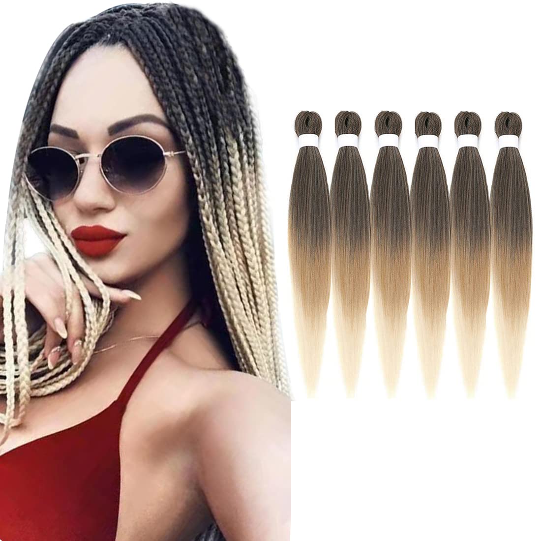 Pre-stretched Braiding Hair 26 inch 6 Packs Professional Synthetic Fiber Crochet EZ Braids Yaki Texture Braiding Hair Extensions (1B/27/613)