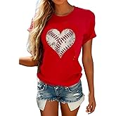 Baseball T Shirts Women Funny Baseball Heart Graphic Tee Shirt Casual Crew Neck Baseball Mom Gifts Short Sleeve Tee Top