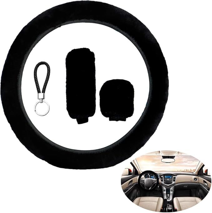 Steering Wheel Cover Set, 38cm Fluffy Steering Wheel Cover Car