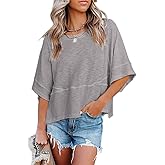 Sovelen Women's Summer Casual Crewneck Batwing Half Sleeve T-Shirts Solid Color Loose Fit Cute Basic Flowy Tops Tees Blouses