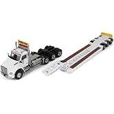 Diecast Masters 1:50 Scale Kenworth T880 SBFA Daycab Tridem Tractor with Trail King TK120 HDG Lowboy Trailer (White cab, White Trailer Regular Version) | Transport Series Model 71139