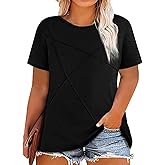 Fisoew Womens Plus Size Short Sleeve T Shirts Summer Casual Loose Fit Tees Crew Neck Curvy Tunic Tops