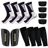 Ukontagood Grip Soccer Socks Set, 2 Pairs Football Socks and Soccer Sleeve Socks, 1 Pair Shin Guards with 4 Pcs Straps (Black)