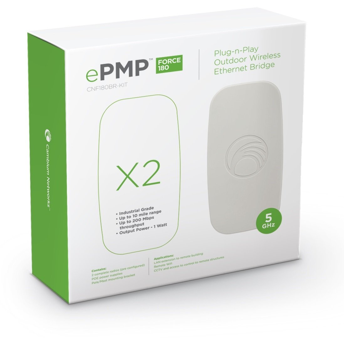 Cambium Networks ePMP Force 180 Bridge-in-a-Box Plug-n-Play Outdoor Wireless Ethernet Bridge - Pre-paired Point-to-Point (PTP) link - 10 Mile Wireless Range - 5GHz - 200 Mbps Throughput (C058900B072A)