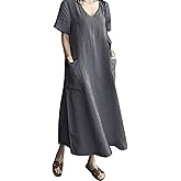 AUDATE Women's Maxi Dress Solid Plus Size Loose Cotton Linen Long Dresses with Pockets