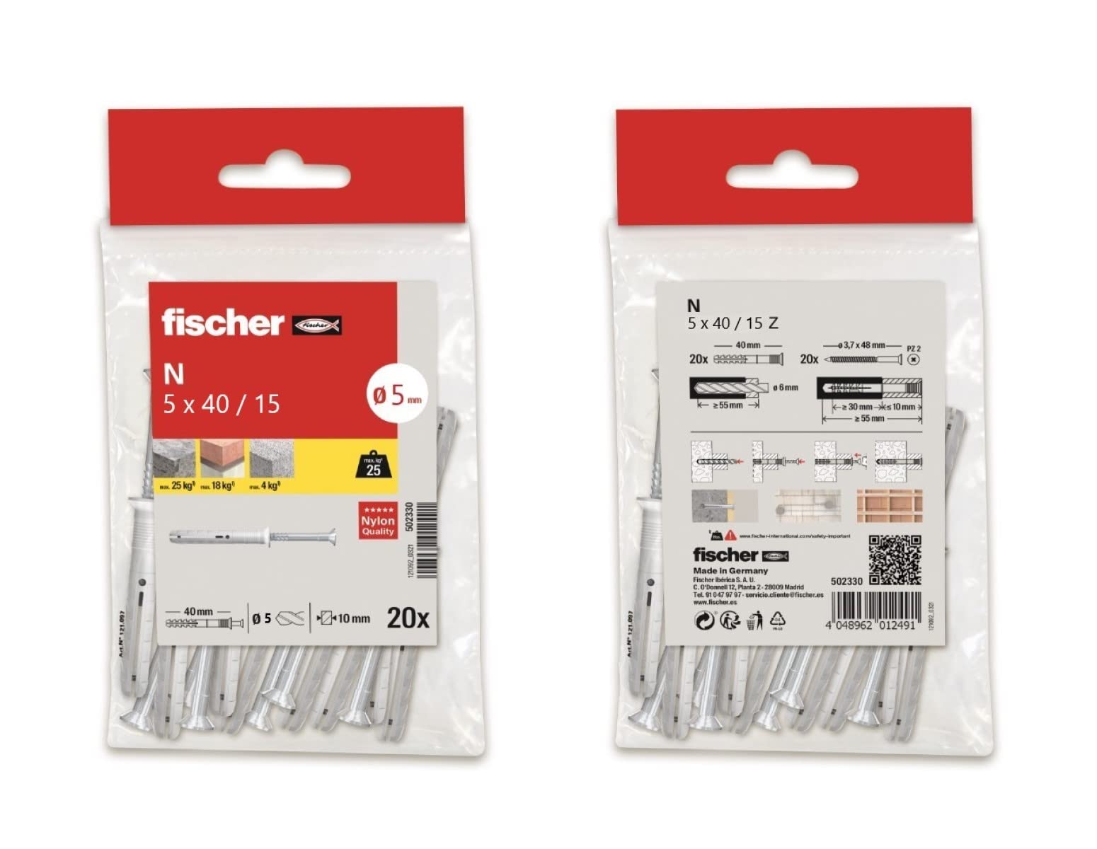fischer - Strike Studs and Screws N 5 x 40, Concrete Studs, Bag of 20