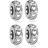 GW Stopper Charms 925 Sterling Silver, Round Rondelle Spacer Beads for Charm Bracelets for Women (4PCS Silver-Heart)