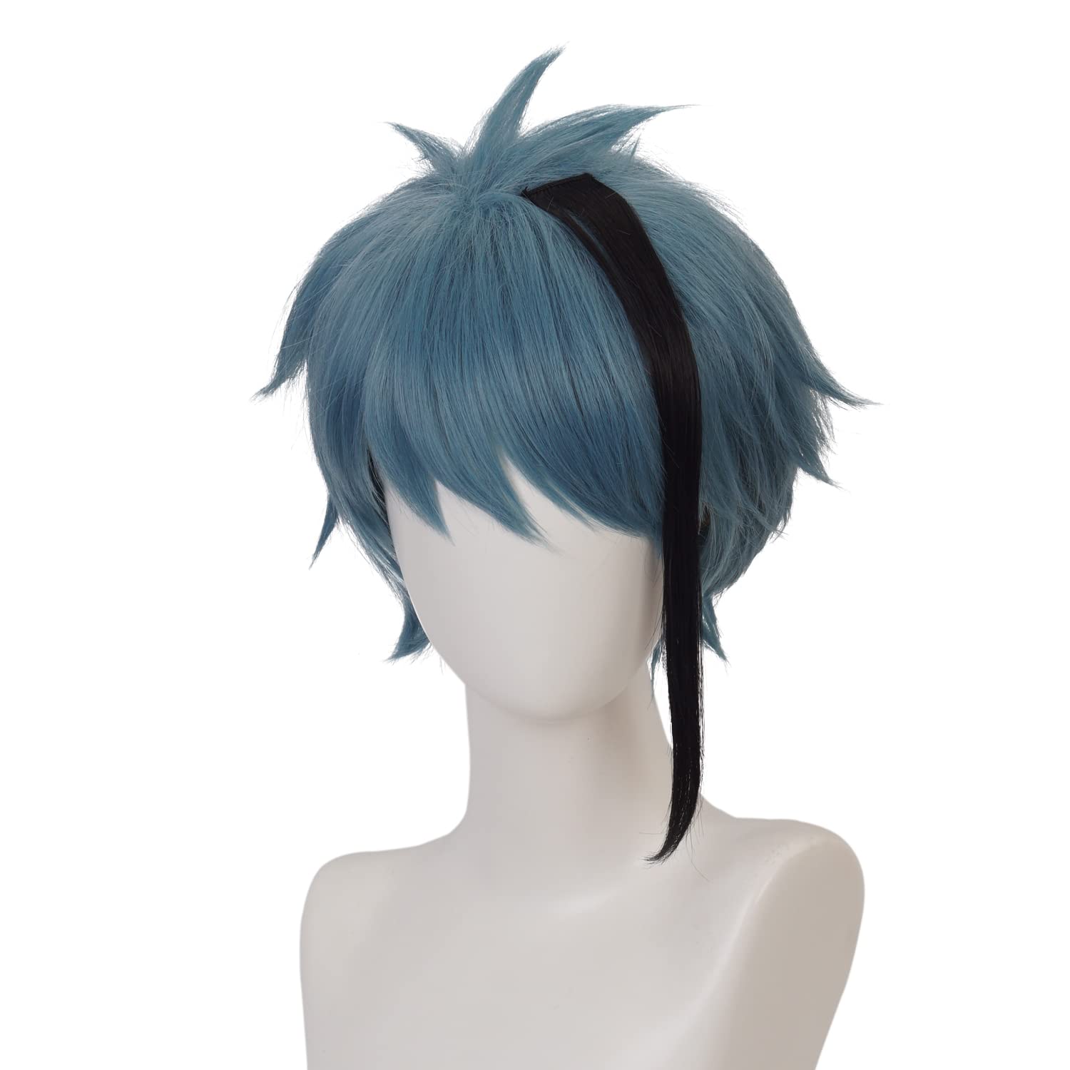 Dark Blue Left Highlight Black Short Wig Heat Resistant Synthetic Universal Costume Hairs for Women Men Halloween Chiristmas Comic Con Replacement Wigs