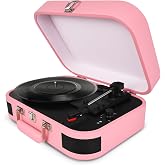 Vintage Suitcase Record Player - 3-Speed Portable Bluetooth Turntable with Built-in Speakers, for 7/10/12" Vinyl Records (Pink)