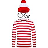 CICEYET Men Women Waldo Costume Halloween Red and White Striped Long Sleeve T-shirt Glasses Hat Party Cosplay Costume Set