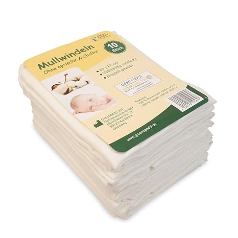 GRÜNSPECHT 564-00 Mullwindeln / Spucktücher / Baumwolltücher / Stoffwindeln - 10er Pack, 80x80 cm, PREMIUM QUALITÄT, weiß ohn