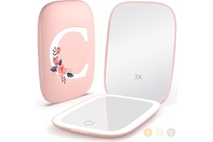MOPIS Personalized Gifts for Women Girls, Rechargeable Travel Mirror with 3 Color Lights and Auto-Off Feature, 1X/3X Mini Led Compact Makeup Mirror for Purse, Stocking Stuffers for Girls Women-Letter C