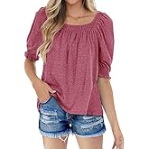Sovelen Womens Casual Square Neck Puff Half Sleeve Tops Pleated Loose Basic Summer T Shirts Blouses