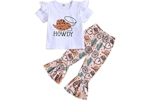 GLIGLITTR Toddler Baby Girl Bell Bottom Outfit Set Western Cowgirls Short Sleeve Tee+Boho Flared Pants 2pcs Summer Clothes