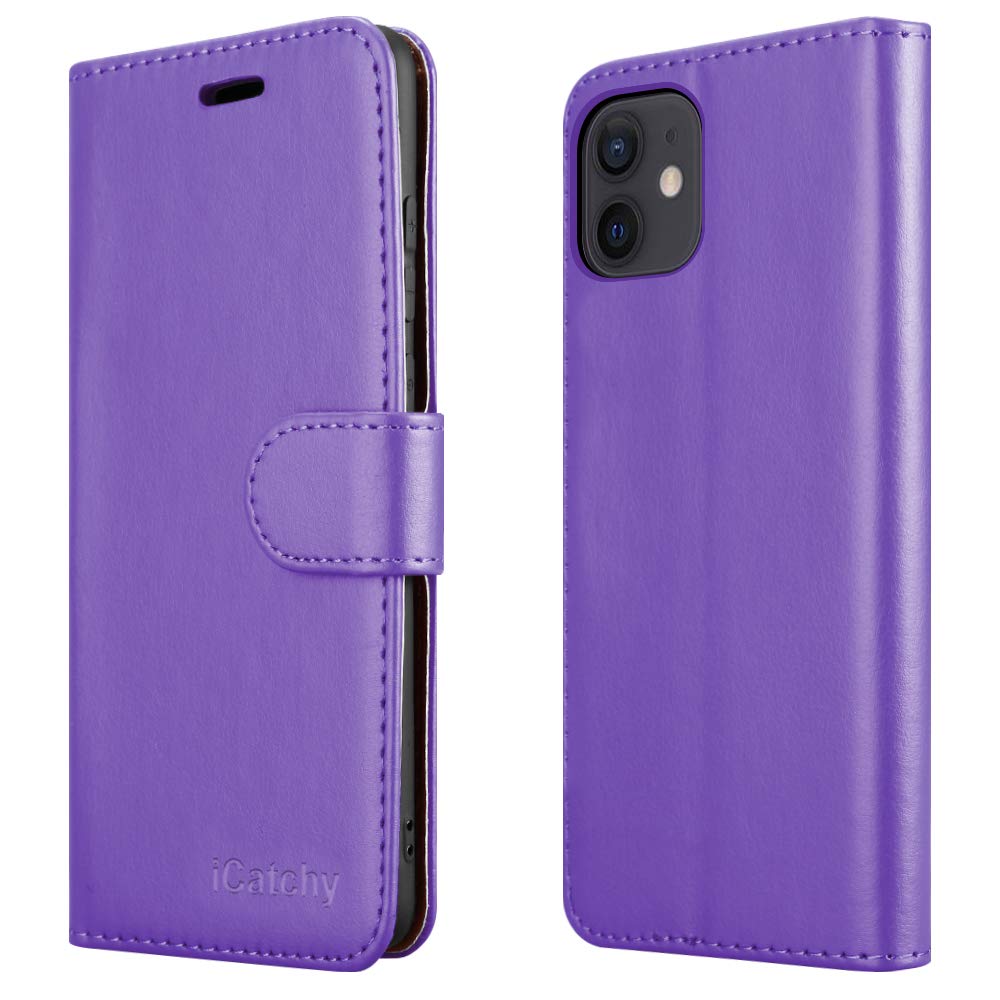 iCatchy For iPhone 12 Mini (5.4) Case Leather Wallet Book Flip Folio Stand View Cover Compatible with iPhone 12 Mini (5.4) (Purple)