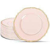 Hioasis 60pcs Pink Plastic Plates - Pink and Gold Disposable Dinnerware with Gold Rim, Heavy-duty, 10.25 inch, Dinner Plates for Party & Valentine's Day