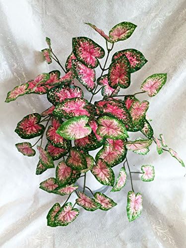 1 Pieces Artificial Plants Caladium Bush Pink Green Centerpieces Decoration Hanging Fake Faux Plastic Arrangements Wedding Office Bridal Sprays Crafts Floral Home Decor