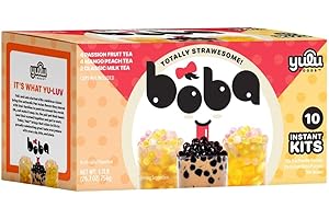 Boba Bundle Kit 10 Serv. Instant Bubble Pearl Variety Milk Tea Kit with Authentic Brown Sugar Tapioca Pearls by Yulu Foods - Ready in Under 1 Minute, Includes Paper Straws - Gift Box, Holiday (Classic, Mango Peach, Passionfruit)