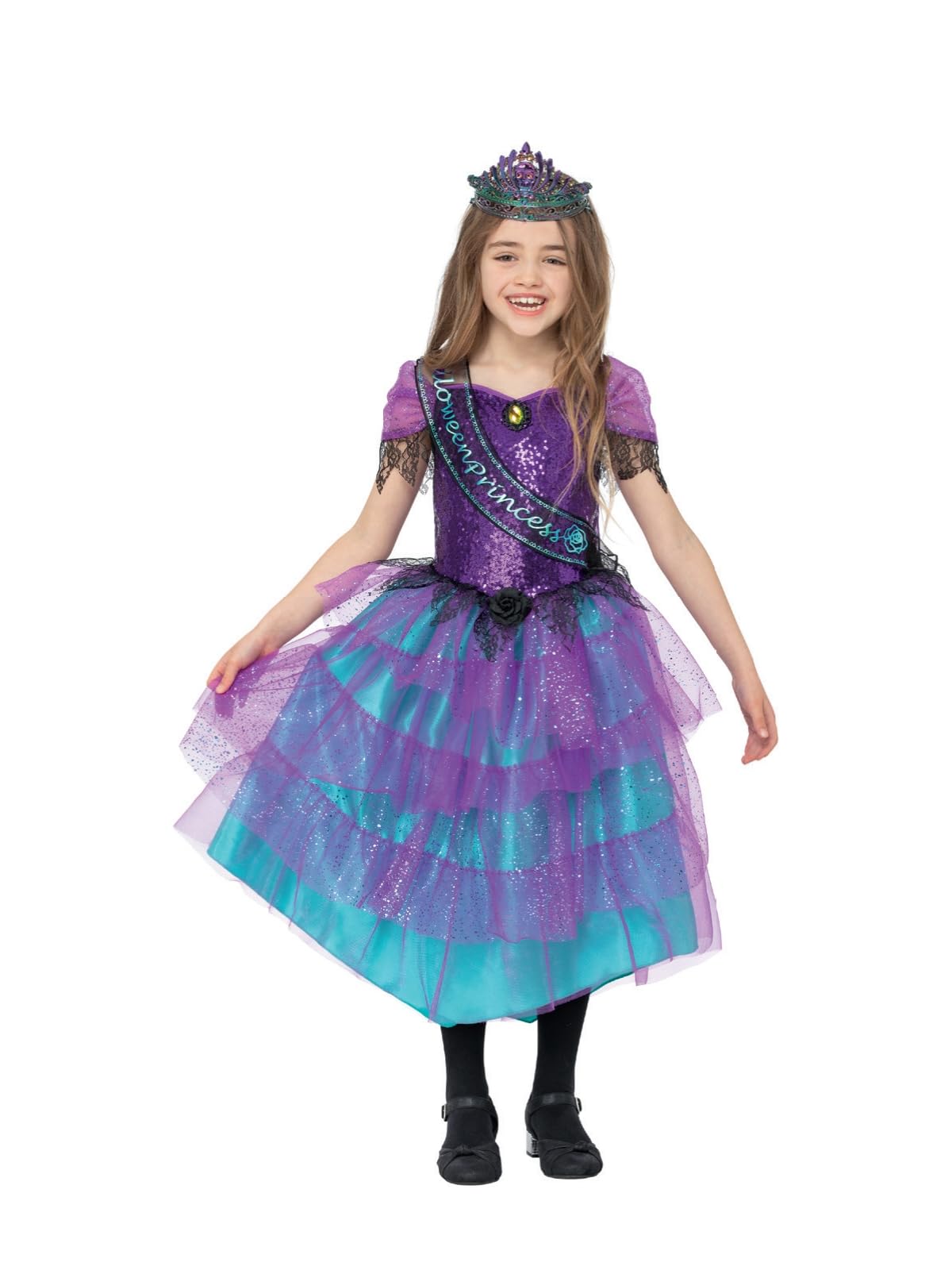 Smiffys Deluxe Miss Halloween Prom Costume Sequin Dress with Sash & Tiara, Halloween Child Fancy Dress, The Queen Dress Up Costumes
