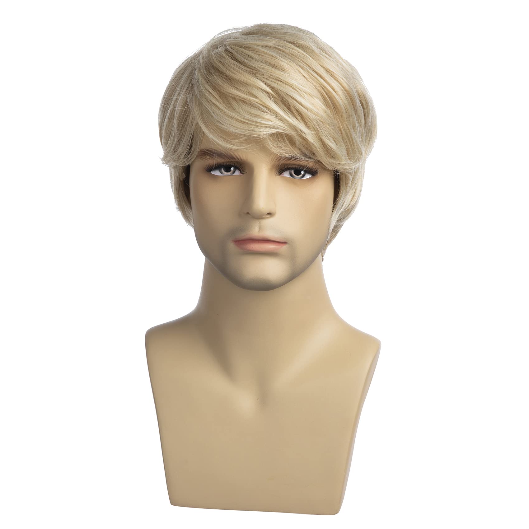 Baruisi Mens Short Blonde Wig Natural Blonde Heat Resistant Synthetic Hair Wig for Male