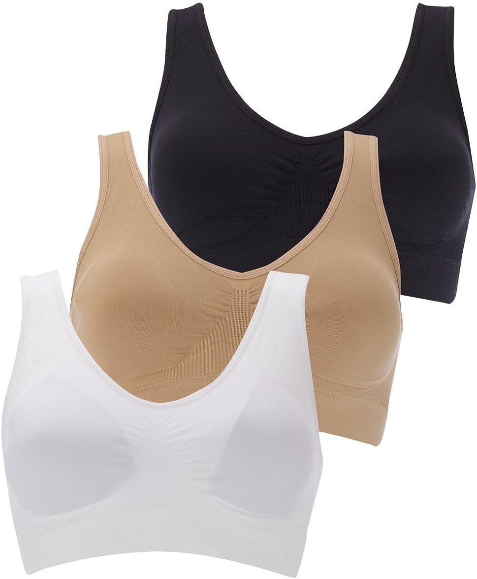 BOOLAVARD® Set of 3 Comfort and Sports Bra: Form Bustier Top Without Wires, Seamless, Breathable - White, Black and Skin