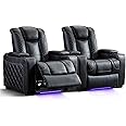 CANMOV Home Theater Seating Set of 2, Faux Leather Electric Power Recliner Chair with Ambient Lighting, Power Headrest, Lumbar Support, Cup Holders, Hidden Arm Storage, USB Ports, Black