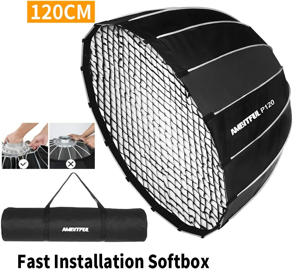 AMBITFUL Portable Box P120 120CM Softbox Fast Installation Deep Parabolic Softbox Bowens Flash Studio Softbox Compatible S-Type DE400 SK400 DP600 AD600 AD400pro