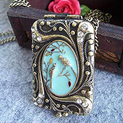 Vintage Retro Copper Flower Rhinestone Bird Locket Pendant Necklace Chain US10