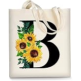 AUSVKAI Canvas Tote Bag Aesthetic for Women, Cute Sunflower Initial Trendy Monogram Personalized Initial Birthday Reusable Cloth Cotton Bags with Handle for Grocery College Shopping Beach